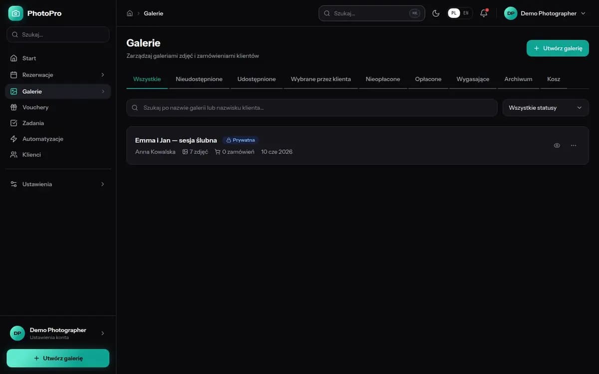 Lista galerii w panelu ProofPilot