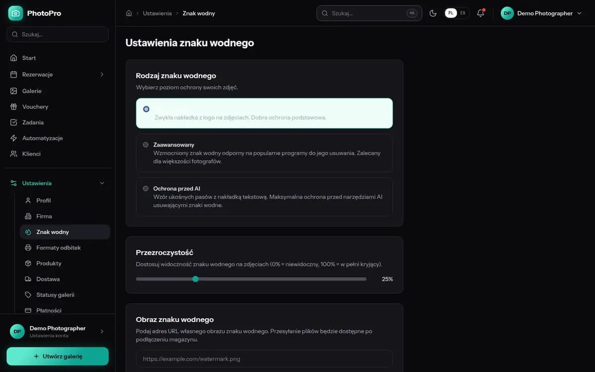 Ustawienia znaku wodnego w panelu ProofPilot z podglądem